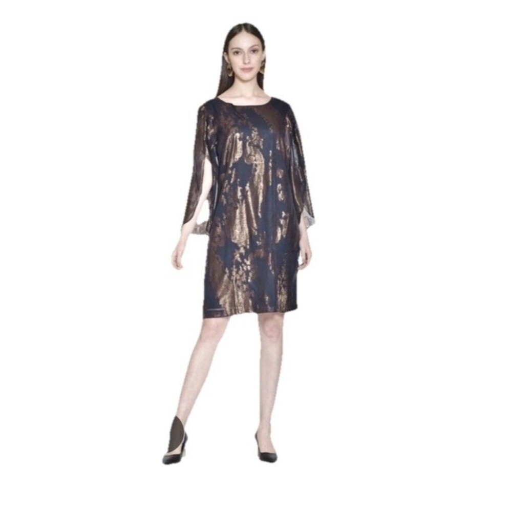 Chetta B Midnight Blue Gold Foil Dress Size 8 Special Occasion Sheath